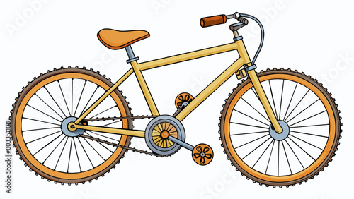 Bicycle A metal frame connected to two large circular wheels with thin spokes. The frame has multiple gears and a sy seat while the wheels have thick. Cartoon Vector