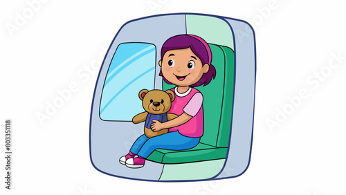 A young girl sits in a plush window seat on a plane grasping a colorful teddy bear in her arms. She wears a pink backpack and nervously glances out. Cartoon Vector