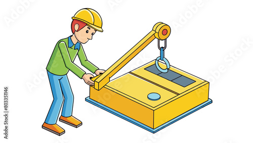 Carefully maneuvering the joystick the operator directed the heavy yellow claw of the crane towards the pile of large rectangular boxes. With. Cartoon Vector