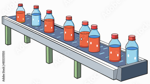 Bottling soft drinks on a conveyor belt The bottles move along a long metal conveyor belt passing by a series of machines. These machines first rinse. Cartoon Vector