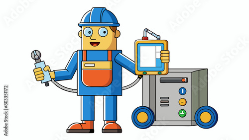 Characteristics machine with metal frame wires connectors worker with blue vest flashlight clipboard signs of wear or damage.. Cartoon Vector