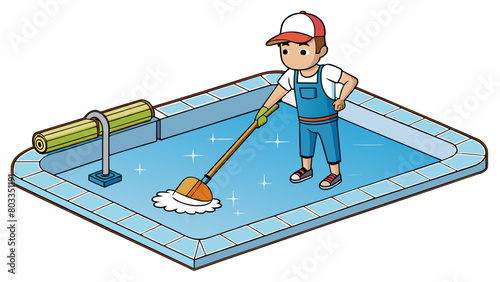 Cleaning a Swimming Pool Regular maintenance to keep a pool safe and hygienic. Involves testing and balancing the chemical levels skimming debris off. Cartoon Vector