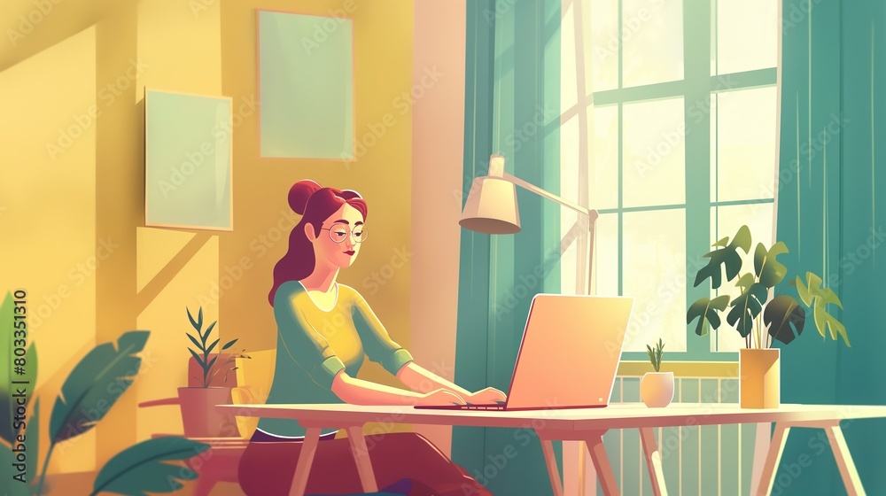 Woman Working on Laptop at Home With Sunlight Streaming Through Window Woman Working on Laptop at Home With Sunlight Streaming Through Window