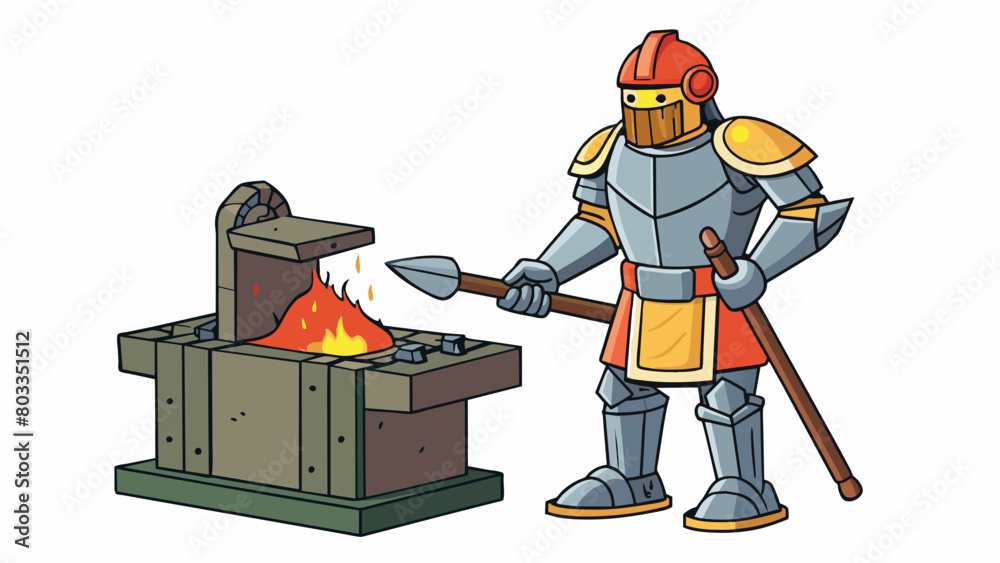 In a grand castle workshop a skilled knight oversees the forging of a ...