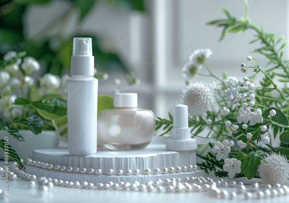 Natural skincare products with green leaves and white flowers