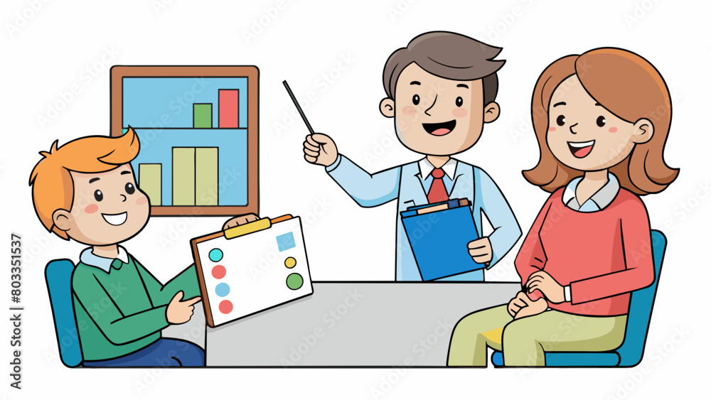In a parentteacher conference a teacher sits behind a desk while two parents sit across from them hands clasped on their laps. The teacher presents a. Cartoon Vector In a parentteacher conference a teacher sits behind a desk while two parents sit across from them hands clasped on their laps. The teacher presents a. Cartoon Vector