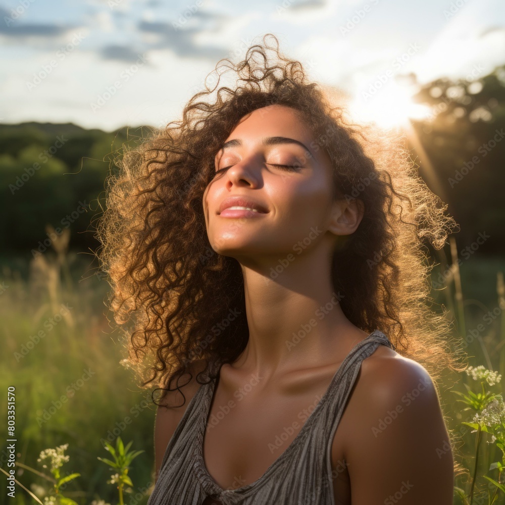 Portrait of a beautiful young woman with curly hair and closed eyes enjoying the warm sunlight in a field of tall grass
