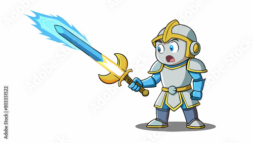 In a fantasy world a questing knight comes across a magical talking sword. The sword has a golden hilt with intricate engravings and its blade glows. Cartoon Vector