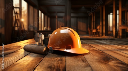 An orange hard hat sits on a wooden table in a carpentry shop. photo