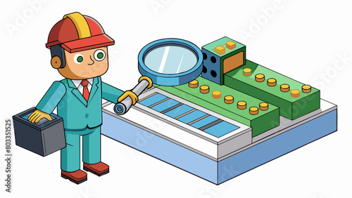 In a manufacturing plant an inspector uses a magnifying glass to inspect the intricate details of a small electronic component ensuring all. Cartoon Vector