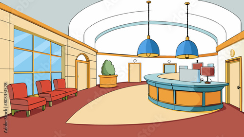 In a hotel lobby there is a spacious reception area with soft lighting and plush seating. A long curved desk is lined with computer screens and. Cartoon Vector