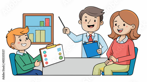 In a parentteacher conference a teacher sits behind a desk while two parents sit across from them hands clasped on their laps. The teacher presents a. Cartoon Vector