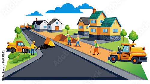 In a residential neighborhood a group of workers is laying down asphalt on a newly paved road. The workers use large machinery to flatten and smooth. Cartoon Vector