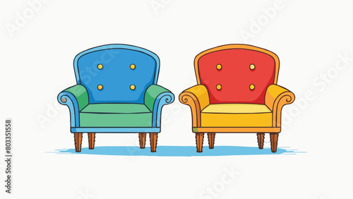 In a room there are two chairs p facing each other. The chairs are of similar size and color with a cushioned seat and backrest. This shows a relation. Cartoon Vector