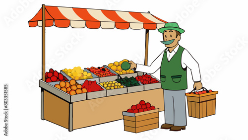 In the bustling market a dealer stands at their fruit stand carefully arranging vibrant produce in organized piles. They have a weathered face worn. Cartoon Vector
