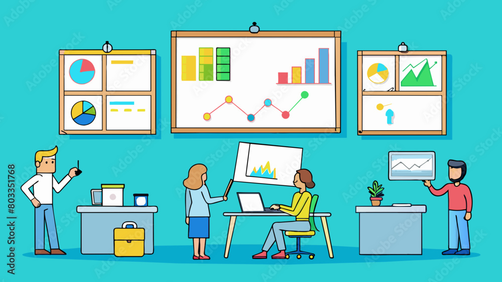 In the Marketing department whiteboards and brainstorming charts cover the walls displaying colorful ideas and strategies for promoting the companys. Cartoon Vector In the Marketing department whiteboards and brainstorming charts cover the walls displaying colorful ideas and strategies for promoting the companys. Cartoon Vector