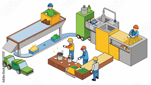Inside a factory large machines are shredding and melting down scraps of metal and plastic. The resulting molten material is then used to create new. Cartoon Vector