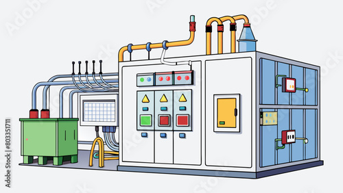 In the industrial facility the electrical panel is a large metal cabinet with different colored wires coming in from all directions. Inside are. Cartoon Vector