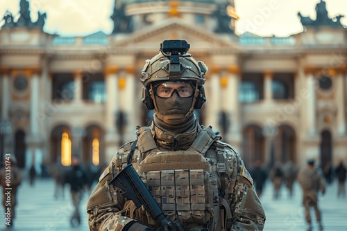 Fully equipped modern soldier in city square