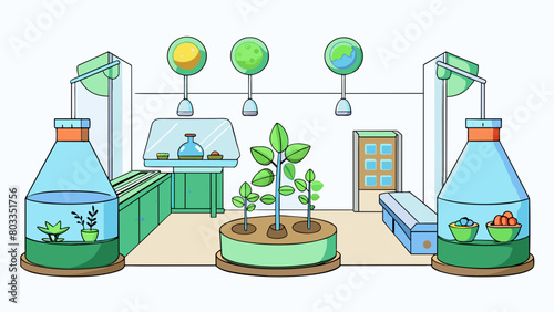 Lab E is a brightly lit room filled with plants of all shapes and sizes. Each plant is accompanied by a small sensor attached to its leaves or stem. Cartoon Vector