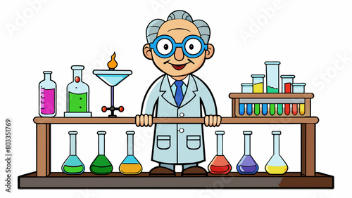 In the chemistry lab the professor stood in front of a long counter filled with test tubes beakers and flasks. They were wearing a lab coat and safety. Cartoon Vector