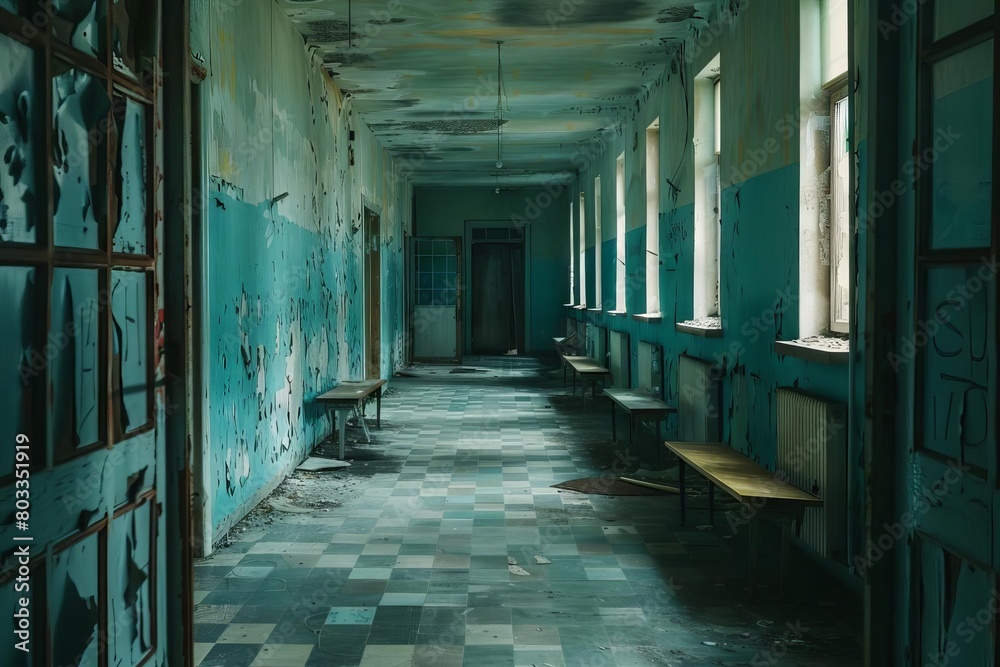 eerie chernobyl school corridor abandoned radioactive ghost town haunting atmosphere