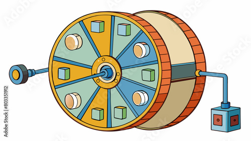 Operation involves a large round wheel with different compartments and moving parts all connected to a central handle. Each compartment has a specific. Cartoon Vector