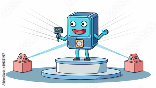 Pitching a New Product Idea A prototype of the product is p on a pedestal in the center of the room. It is a small handheld device with a smooth matte. Cartoon Vector