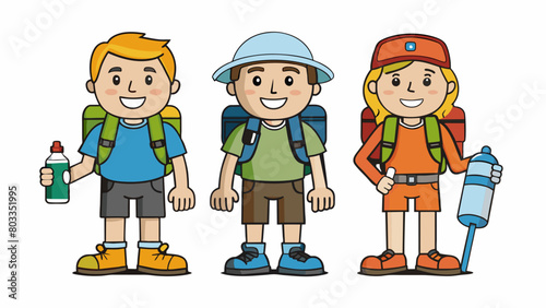 Outdoor Enthusiasts A gathering of people wearing hiking boots and trekking gear. They are equipped with backpacks and water bottles and have a. Cartoon Vector