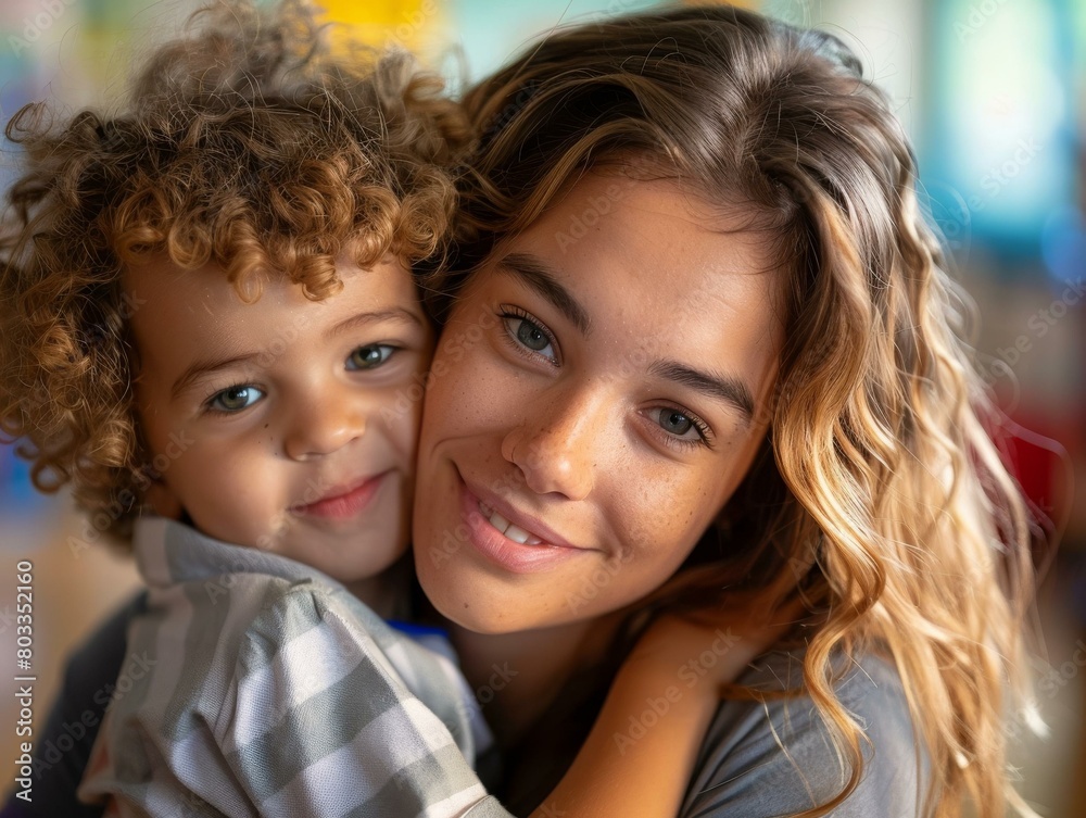 A mother and her son are smiling and hugging. A mother and her son are smiling and hugging.