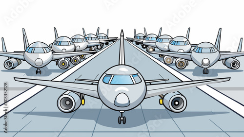 Rows of sleek silver planes parked in perfect alignment on a wide open tarmac their engines humming softly in anticipation of takeoff.. Cartoon Vector