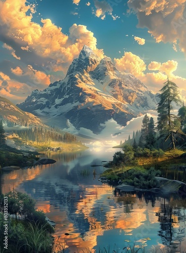 Fantasy Mountain Landscape with Lake and Trees