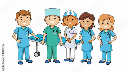 Several nurses and doctors in scrubs moving quickly around a hospital ward to care for patients and work together to save a life.. Cartoon Vector