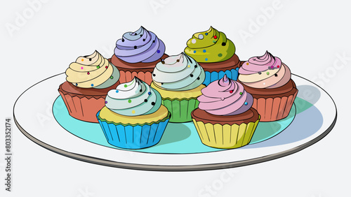 Six cupcakes on a plate Each cupcake was frosted with a different flavor and had sprinkles on top. They were all the same size with fluffy cake and. Cartoon Vector