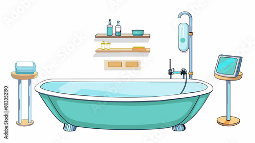 Spa Bath The tub in this bath is oversized and made of smooth polished stone. The walls are adorned with earthytoned tiles and a gentle waterfall. Cartoon Vector