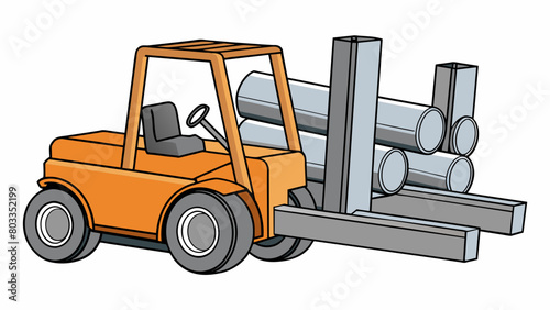 Stacking Heavy Objects In a construction site a forklift is used to stack heavy materials such as pipes or large metal beams. The forklifts sy frame. Cartoon Vector