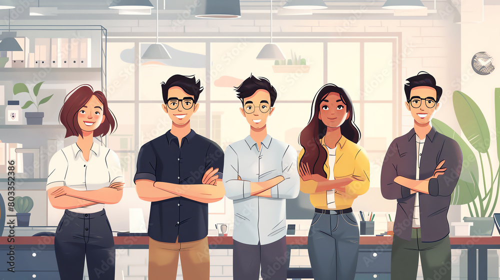 Fototapeta premium A group of young professionals standing in an office, smiling and crossing their arms. They are dressed in business casual attire.