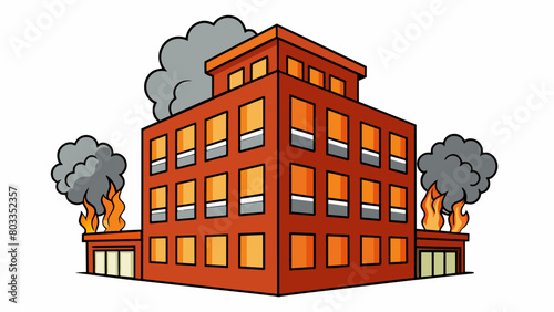  The building appears to be a multistory structure with brick walls and large windows. Flames are visible from the upper floors and the smoke is dark. Cartoon Vector