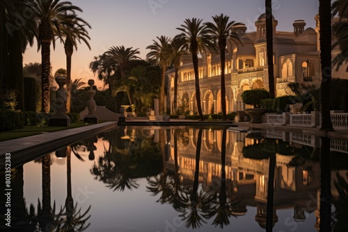 Palm trees and a reflecting pool in front of a mansion at dusk