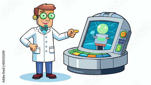 The camera zooms in on a glowing futuristic device with sleek lines and a touch screen as a scientist eagerly inputs data and prepares for a. Cartoon Vector