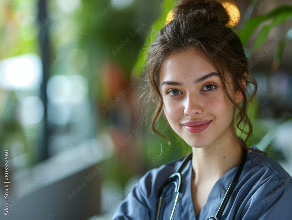 Close-up portrait of a young female doctor smiling