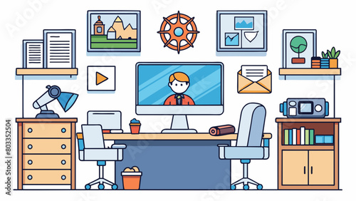 The directors office was adorned with movie posters awards and personal mementos. A cluttered desk was covered with scribbled notes and a wellworn. Cartoon Vector