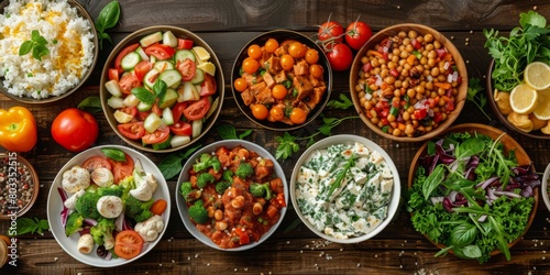 A variety of delicious and healthy food on a wooden table.