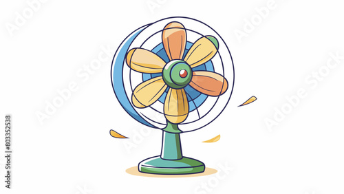 The fan blades rotating in a steady rhythm creating a gentle breeze that cools down the stuffy summer air in the room.. Cartoon Vector