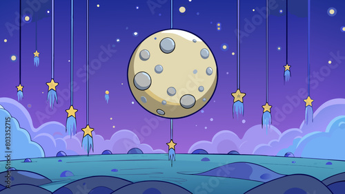 The moon hangs low in the sky casting a soft ethereal glow on the surrounding landscape. Stars le above like diamonds tered across a velvet blanket.. Cartoon Vector