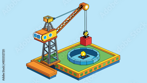 The massive tall crane stood tall against the blue sky its four legs firmly planted on the ground. At the top the operator stood in the small pit. Cartoon Vector