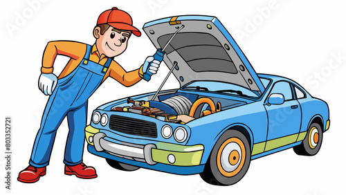 The mechanic raised the hood of the car and began repairing the damaged engine. The engine was a complex web of metal pipes and wires with the. Cartoon Vector
