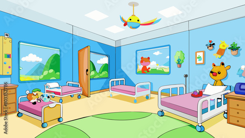 The pediatric ward is a bright and cheerful space with colorful murals decorating the walls and ceiling. Tiny beds adorned with cartoon characters. Cartoon Vector