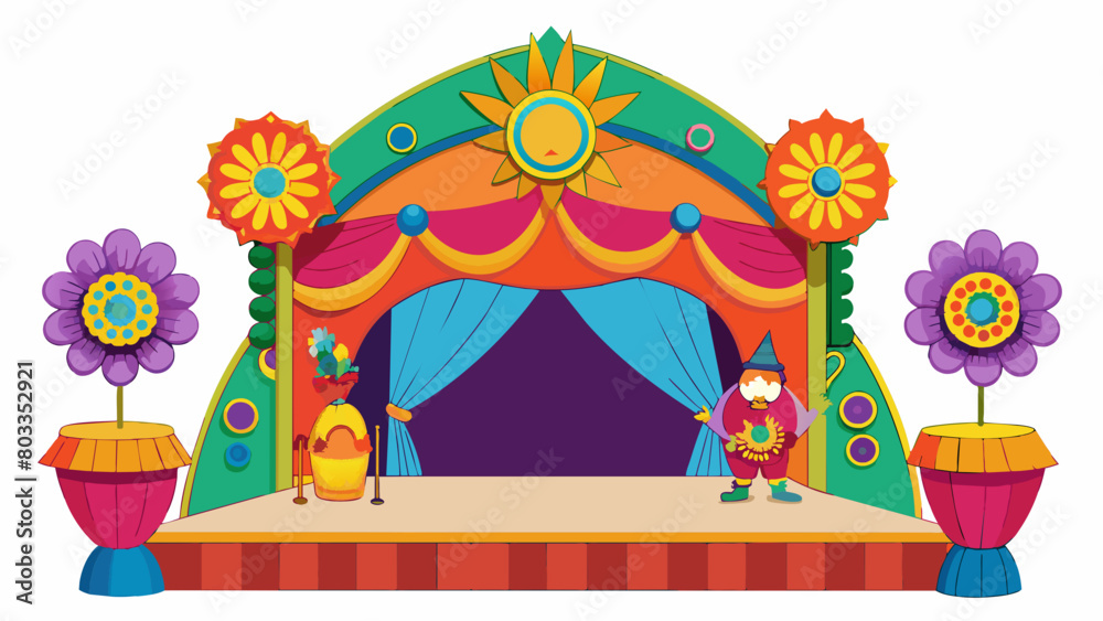 The stage is adorned with vibrant colorful props from the largerthanlife flowers to the elaborate costumes worn by the actors. The playful whimsical. Cartoon Vector