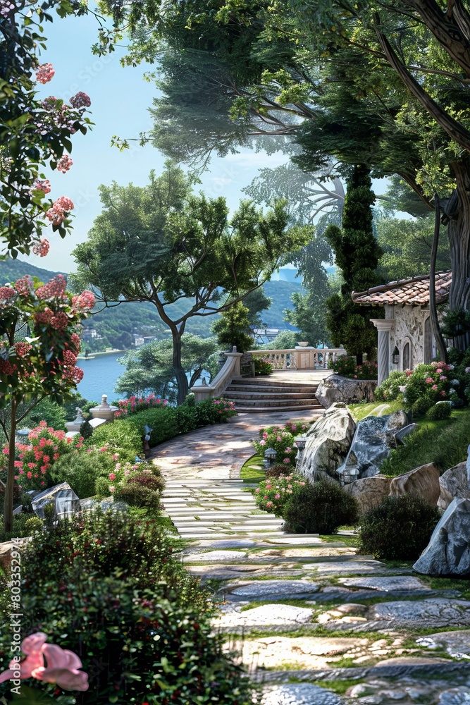 Stone path in the garden of a luxury villa with lake view